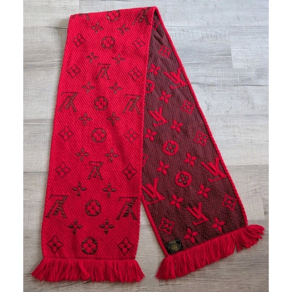 Louis Vuitton Logo Mania Ruby Red Wool Silk Muffler 413287